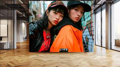 Young Japanese women posing in modern clothes, streetwear, fashion editorial photography Wall mural