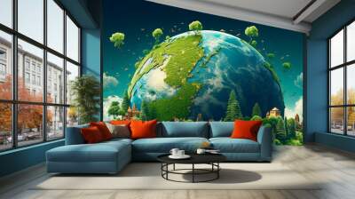 Earth globe illustration on with plants copy space banner ecological earth day hour safe trees mountains environmental problems on blue background Wall mural