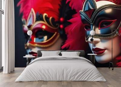 two mysterious Venetian mask on a black background red golden white black colors masquerade Wall mural