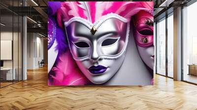 two mysterious Venetian mask on a black background red golden white black colors masquerade Wall mural