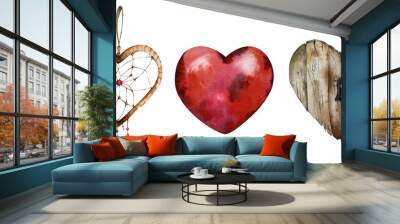 a set of three stylized hearts for Valentine's Day. A dreamcatcher in the shape of a heart with beads, a bright red heart, a wooden heart with a keyhole. watercolor illustration. on a white background Wall mural