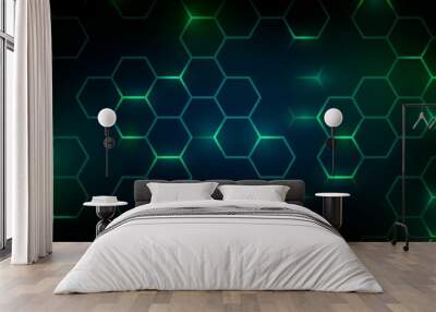 Abstract technology dark background with green luminous hexagons Wall mural