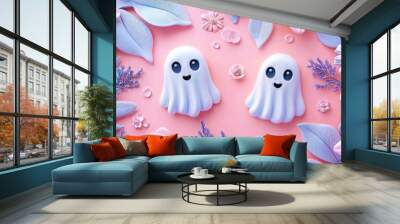 Adorable Ghosts in Pastel. Two cute ghost figures with big eyes and smiles are surrounded by pastel-colored flowers and leaves on a soft pink background, creating a playful scene. Wall mural