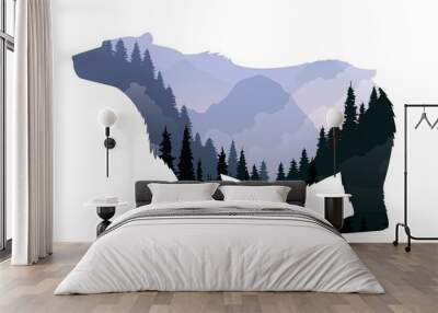 bear silhouette with fir forest and mountains, nature symbol Wall mural