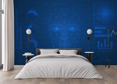 Blue luminous digital panel with graphs and a mesh face Wall mural