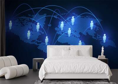 Blue world map with people icons, social network and globalization concept Wall mural