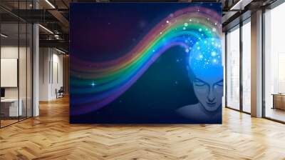 Human head in space and rainbow, concept of imagination and dream Wall mural