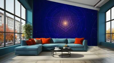 Linear glowing pentagram in the starry sky, a star in a circle a symbol of magic and the occult Wall mural