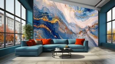 Liquid Marble Art: A captivating blue and gold swirl resembling a beautiful liquid marble painting. Wall mural