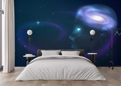 Meditation, mind, imagination. Human head on the background of space, the galaxy in the head Wall mural