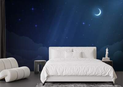 Night starry sky with clouds and crescent moon Wall mural