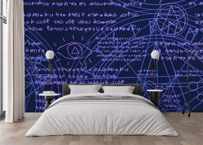 Purple seamless pattern with ancient letters of the alchemist or witch Wall mural