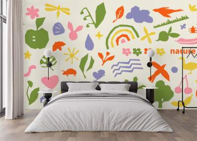 Abstract cute hand drawn nature organic shapes. Colorful background with doodle nature forms. Set of colored drawn objects in vector Wall mural