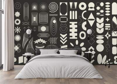 Big set of 100 brutalist abstract geometric elements, brutal contemporary figure, swiss design , bauhaus memphis shapes and grids, isolated, black and white Wall mural