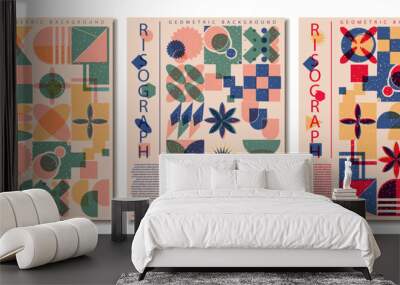 Collection of vertical poster with riso print effect. Abstract geometric risograph pattern risograph style Wall mural