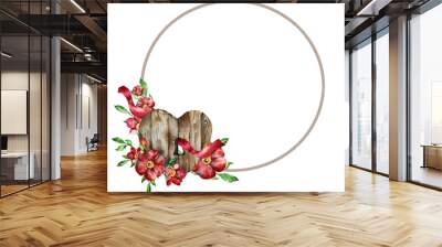 The watercolor round frame is a stylized wooden heart with a keyhole, red ribbon and flowers, rosehip leaves. It can be used to design Valentine's day cards. isolated on a white background. Wall mural