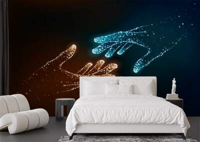 Two hands of glowing particles, orange and blue, help, support Wall mural