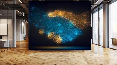 Two wire-frame glowing hands, handshake, technology, business, trust concept Wall mural