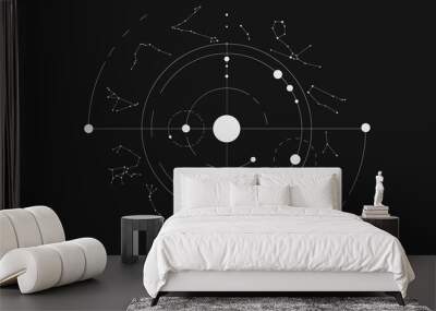 White minimalistic solar system and zodiac constellations on black background Wall mural