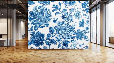 A blue and white floral print is displayed Wall mural