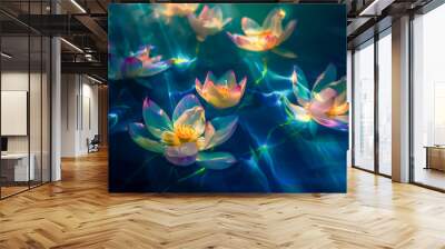 A group of white flowers floating in a body of water Wall mural