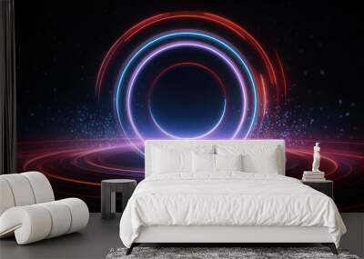 A luminous neon circle dominates the dark scene, its undulating lights. Wall mural