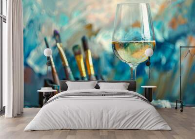 Glass of Wine Amidst Artistic Chaos of Paints and Brushes Wall mural