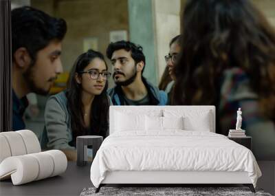 Group of Diverse College Students Collaborating on Project in Study Lounge Wall mural