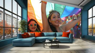 Joyful Participants Celebrating at a Vibrant LGBTQ+ Pride Parade with Rainbow Flags and Face Paint Wall mural