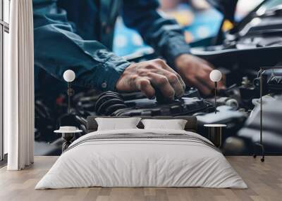 Mechanic Working on Car Engine in Garage  Auto Repair and Maintenance Services Wall mural