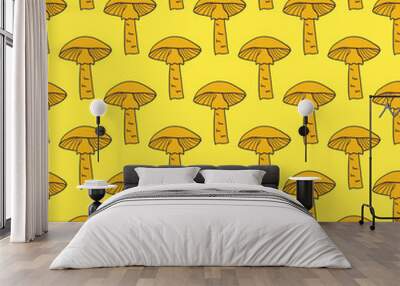 Orange contoured mushroom elements seamless pattern. Yellow bright background. Wild forest food print. Wall mural