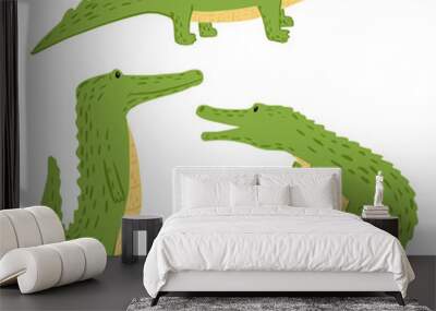 Set crocodiles on white background. Funny cartoon character wildlife in doodle. Wall mural