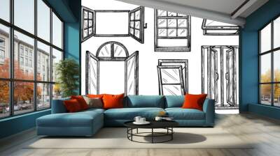 Set Opened window rectangle sketch isolated. Retro several windows inside wall in hand drawn style. Wall mural