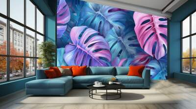 Tropical leaves textured wallpaper. Creative monster pink and blue abstract surface banner. For postcard, book illustration. Created with generative AI tools Wall mural