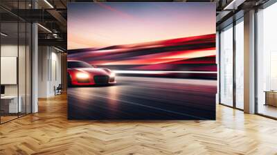 Under the night sky, a sleek sports car speeds along a racetrack. Wall mural