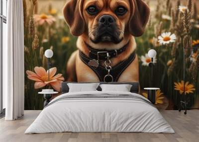 Puggle sitting in a field of wildflowers. Design for wrapping paper, greeting cards  Wall mural