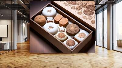 A box of assorted Japanese mochi desserts, featuring various shapes and patterns made with rice flour and filled with sweet fillings, well Lines up in a Brown box with warm Gold top with star shapes p Wall mural