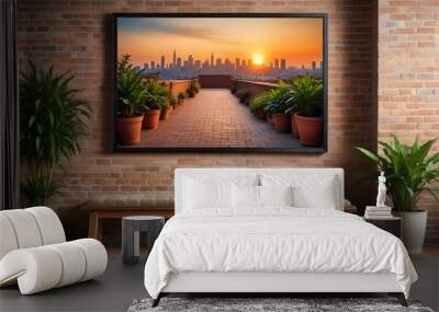 A framed poster with an Urban landscapes displayed on a wall in a hallway, with two wooden benches in the foreground, nature, industrial, sidewalk, snow, concept, wallpaper, background, stylish, moder Wall mural