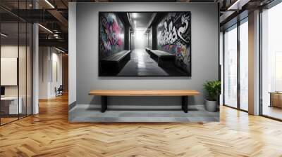 A framed poster with an Urban landscapes displayed on a wall in a hallway, with two wooden benches in the foreground, nature, industrial, sidewalk, snow, concept, wallpaper, background, stylish, moder Wall mural