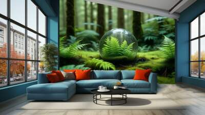 A glass sphere containing a small fern plant, resting on a bed of moss in a lush, green forest environment Wall mural