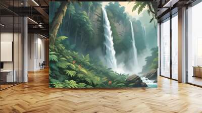 A majestic waterfall cascading down a cliff in a dense jungle, with mist rising and sunlight filtering through the canopy Wall mural