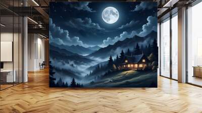 A mystical landscape with a full moon in the night sky, surrounded by swirling clouds and mountains in the background. In the foreground, there are silhouettes of trees and houses against the starry s Wall mural