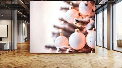 A tall snowy Christmas tree with shiny Golden ornaments, colorful twinkling lights illuminating the scene, and a soft glow from nearby candles, set in a cozy indoor living room with a fireplace., reds Wall mural