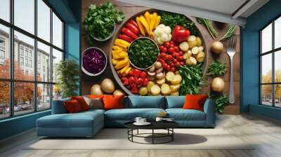 A variety of healthy vegetarian dishes including a large bowl of stir-fried vegetables with peppers, onions, and greens, a bowl of boiled potatoes, a bowl of fresh herbs, and other side dishes on a ru Wall mural