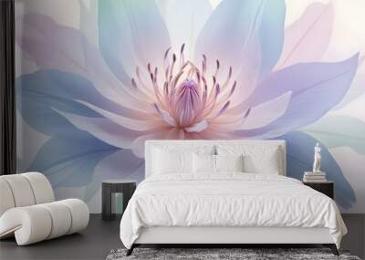 Abstract image of a flower in soft pastel colors, flowing, translucent petals with a blend of light pink, blue, and lavender hues, white background, centered composition Wall mural