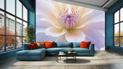 Abstract image of a flower in soft pastel colors, flowing, translucent petals with a blend of light pink, blue, and lavender hues, white background, centered composition Wall mural