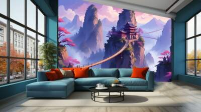 amine painting, A fantasy landscape with a suspension bridge connecting two towering cliffs. In the background, there are mountains shrouded in mist and a pagoda-style structure on a rocky outcrop.  Wall mural