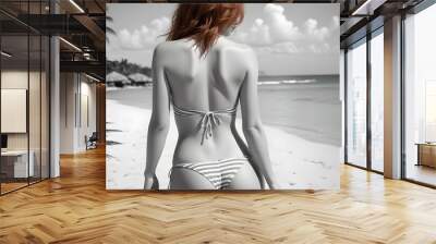 Backview of a redhead model posing  in a mini colorful  bikini on a tropical hawaiian beach with palms, sand, clear water, monochrome, b&w, red hairs Wall mural