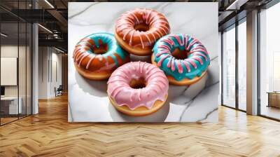 Colorful glazed donuts with a swirled pattern on a marble surface Wall mural