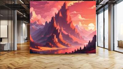 Dramatic mountainous landscape with towering peaks of rocky granite emerging from a sea of fluffy pink and orange clouds at sunset, a clear light fortress tower made of white stone ascendin Wall mural